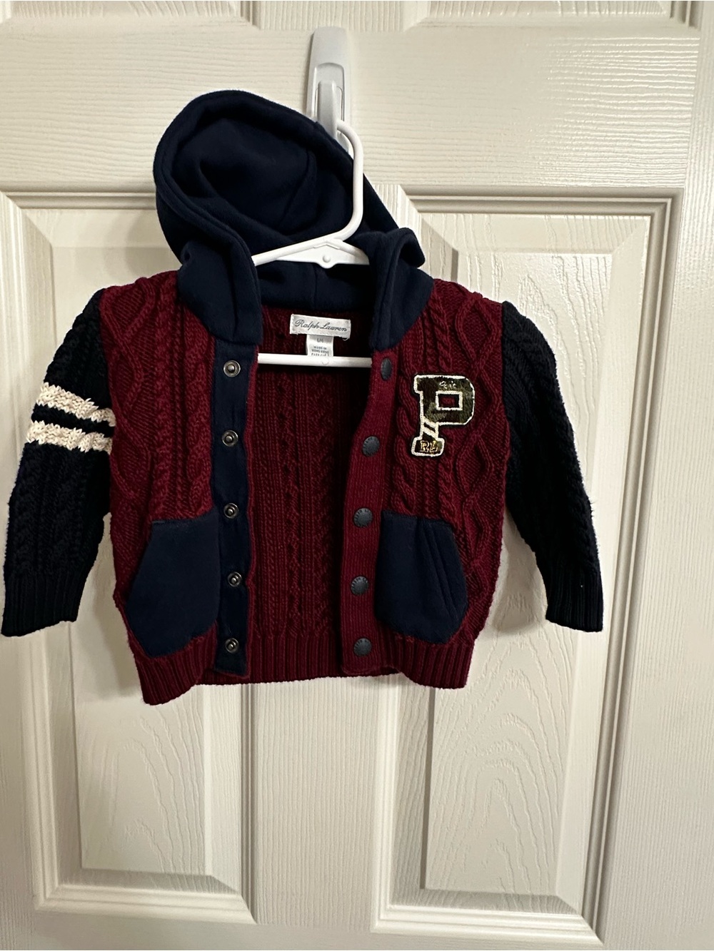 Ralph Lauren Kids Hooded Cable Knit Cardigan - Burgundy & Navy